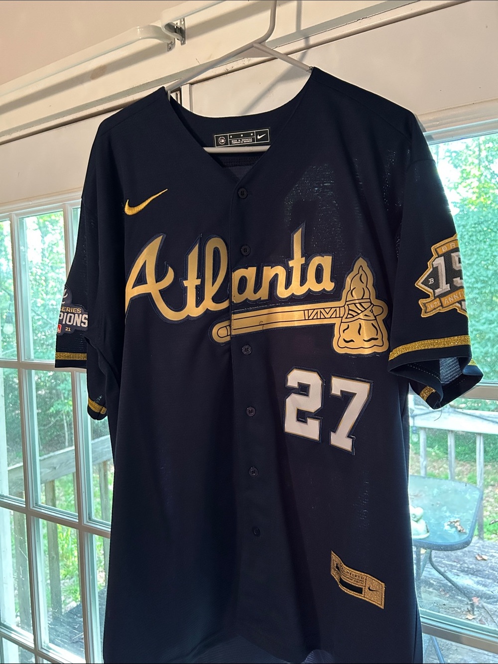 Nike Navy and Gold Austin Riley #27 Atlanta Baseball Jersey